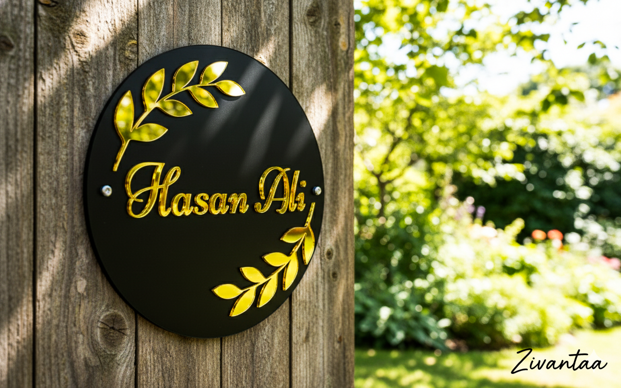 Round black sign with gold text and leaf designs on a wooden post, with greenery in the background.