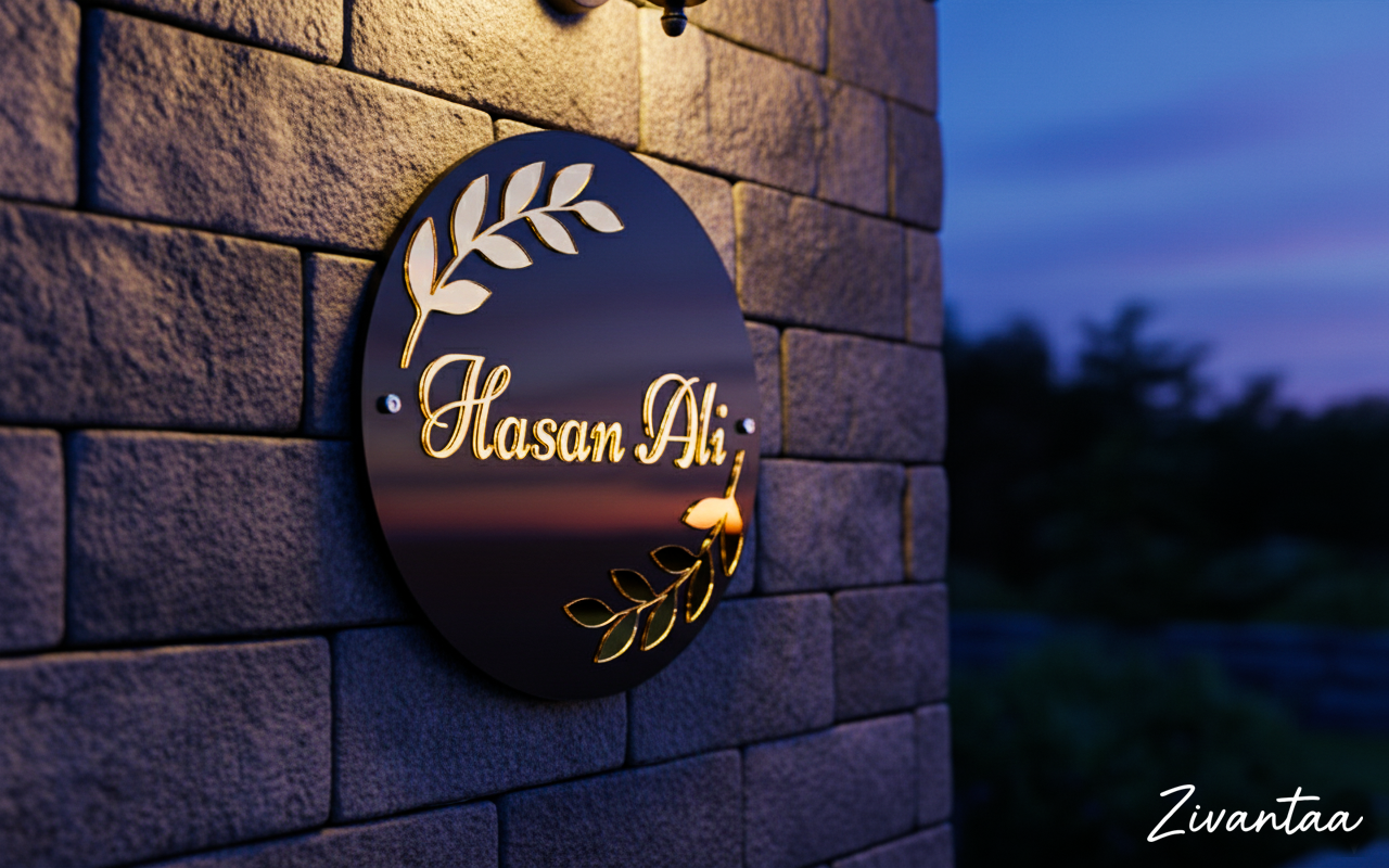 Decorative sign with 'Hasan Ali' on a stone wall at dusk