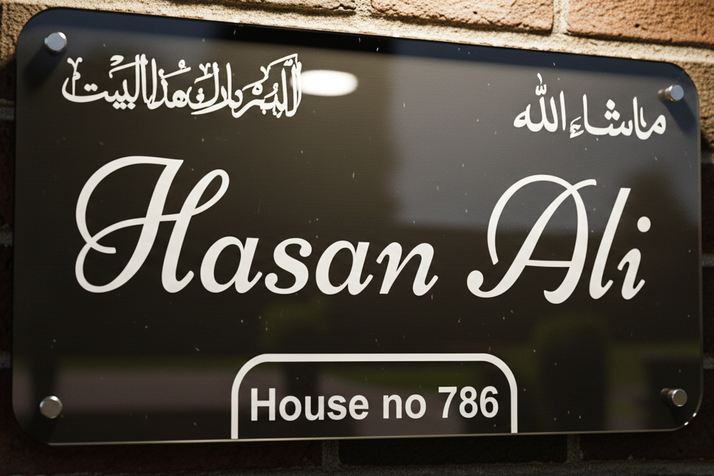Black nameplate with white text displaying 'Hasan Ali' and 'House no 786' against a brick wall background.
