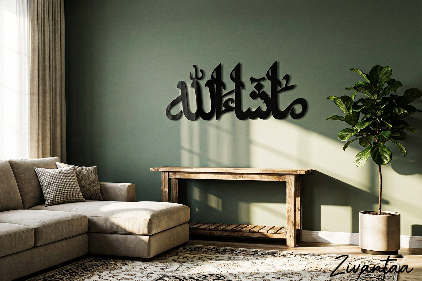 Living room with a beige sectional sofa, wooden coffee table, and decorative wall art.