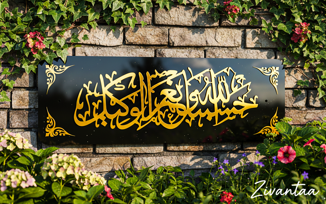 Decorative sign with Arabic calligraphy on a black background, surrounded by greenery and flowers.