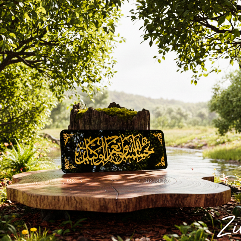 Decorative stone with Arabic calligraphy in a natural setting with trees and water.