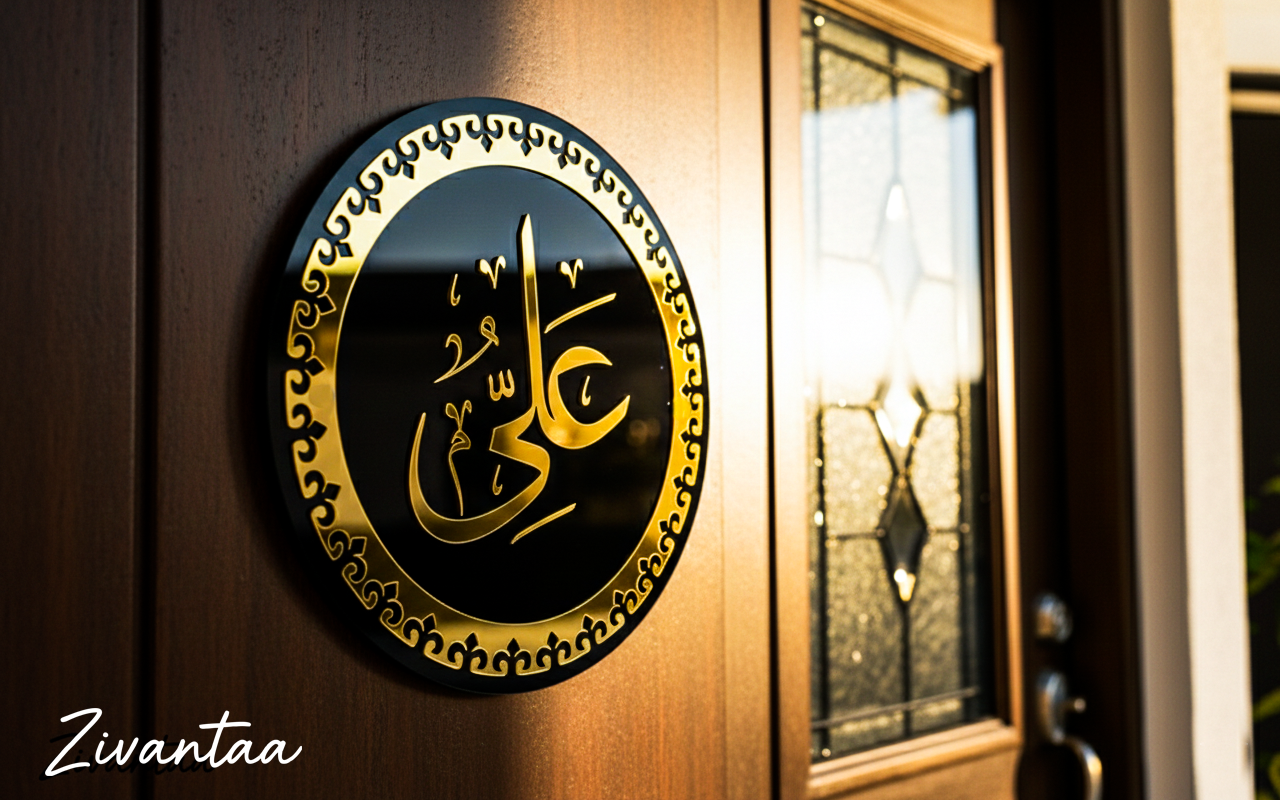 Decorative door plate with Arabic calligraphy on a wooden door, featuring the brand 'Zivantaa'.