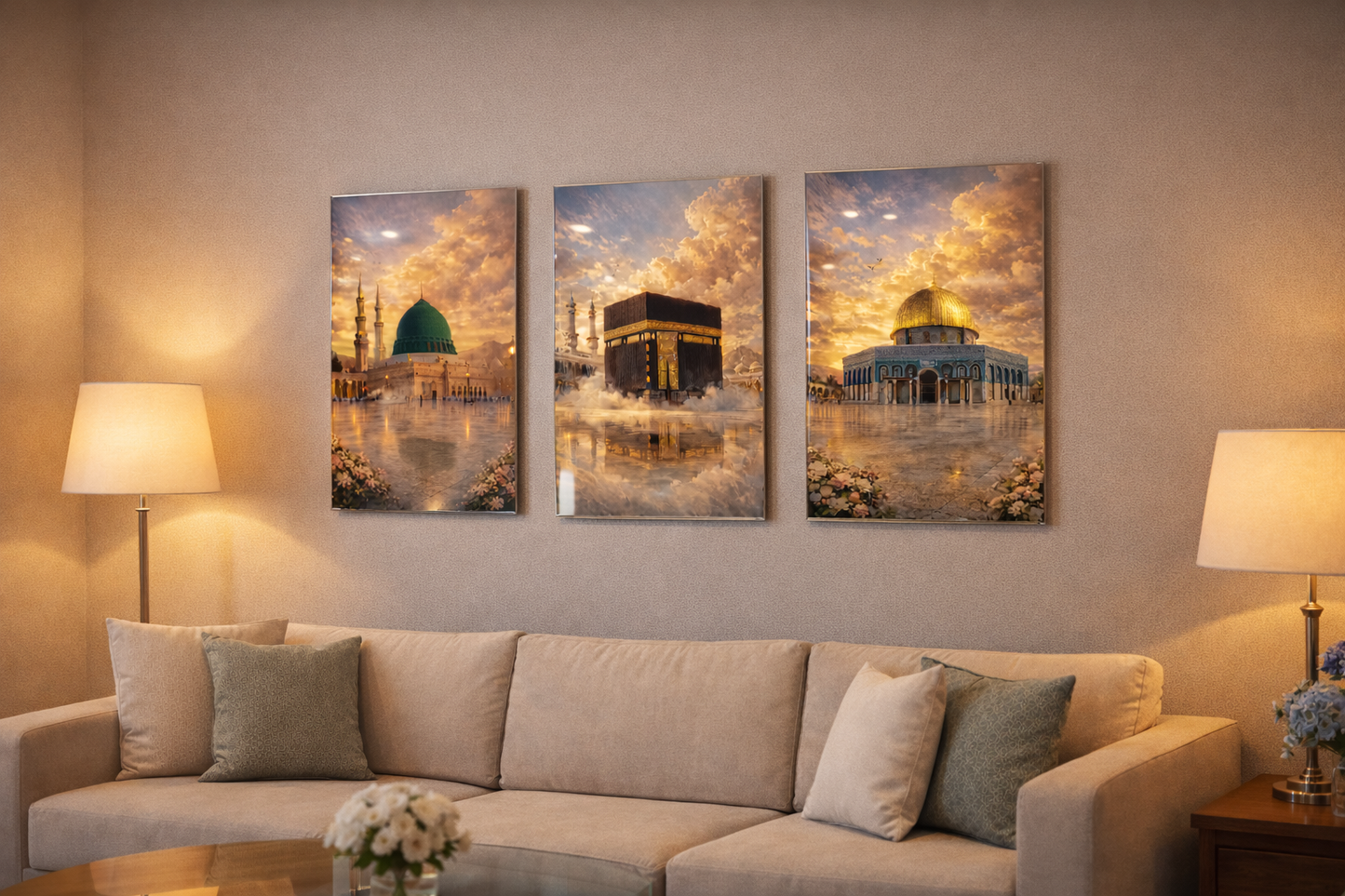 Three wall art pieces of religious architecture above a beige sofa in a living room.
