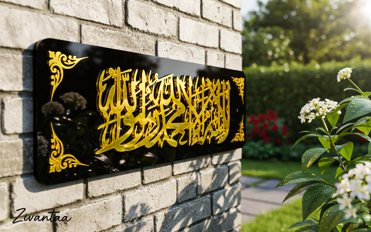 Decorative wall art with gold calligraphy on a black background mounted on a brick wall.