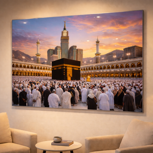 Large wall art of a religious site with people praying, displayed in a living room.