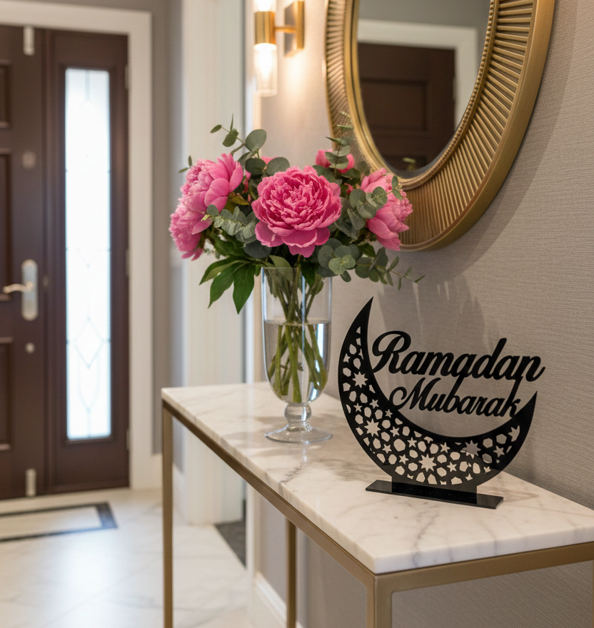 Ramadan Mubarak Table Stand moon-shaped sign with 'Ramadan Mubarak'