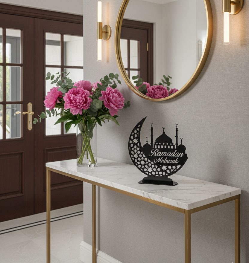 Decorative table with flowers and a 'Ramadan Mubarak' sign in a home setting.