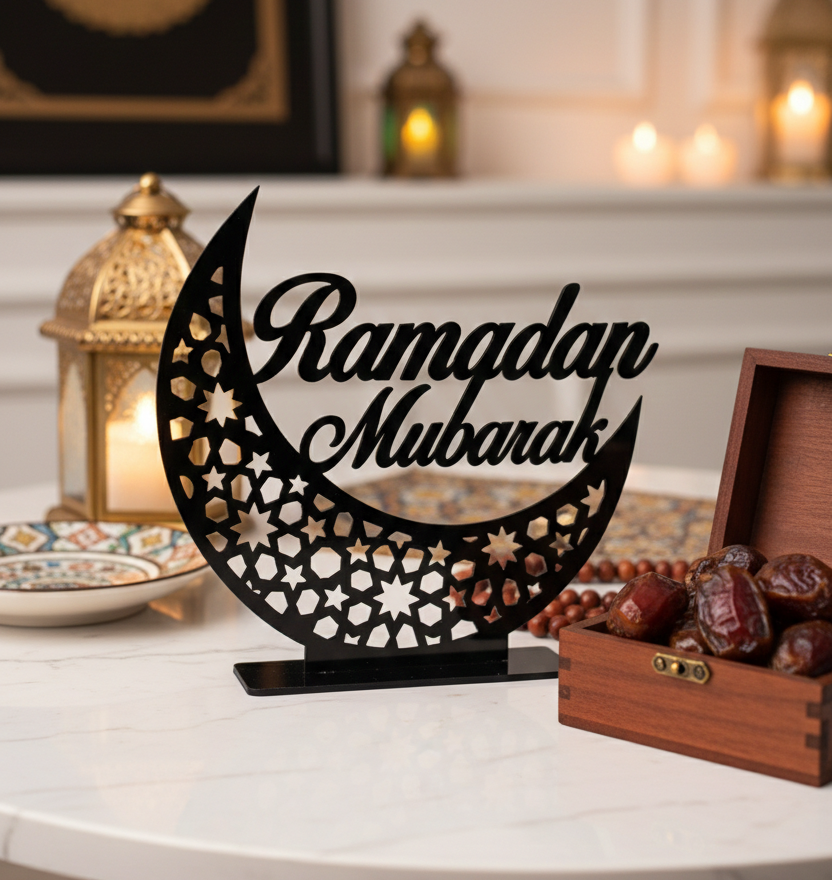 Ramadan Mubarak Table Stand moon-shaped sign with 'Ramadan Mubarak'