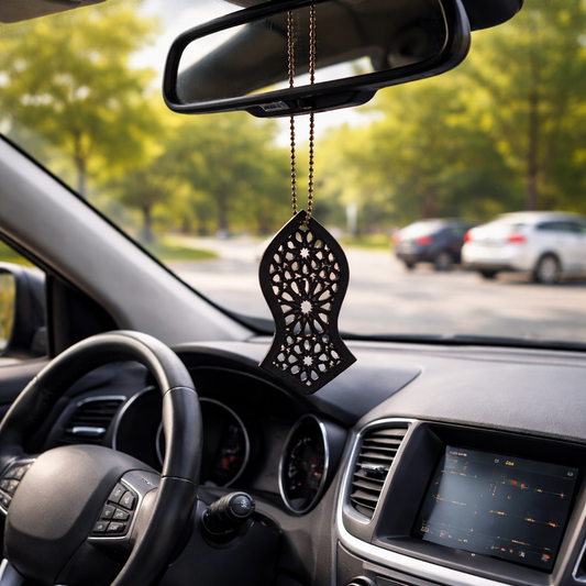 Car interior with a decorative hanging item on the rearview mirror