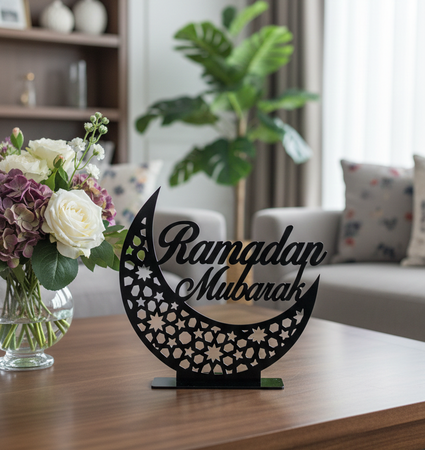 Ramadan Mubarak Table Stand moon-shaped sign with 'Ramadan Mubarak'