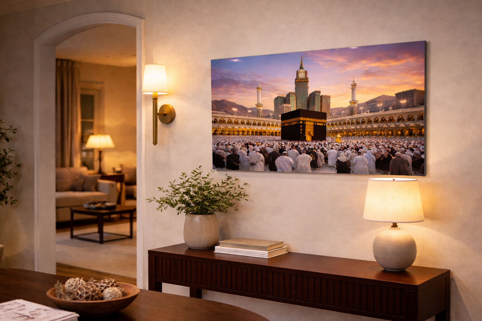 Living room with a large wall art depicting a religious site, lamps, and decor.
