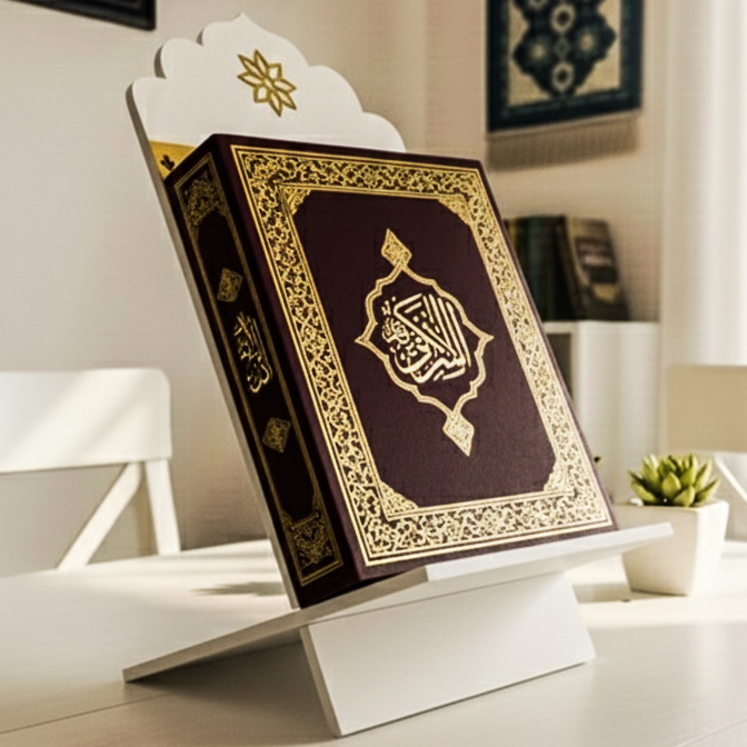 Decorative book with gold embellishments on a stand in a home setting