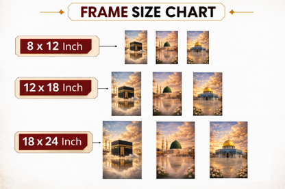 Frame size chart showing different sizes with corresponding images of a religious building.