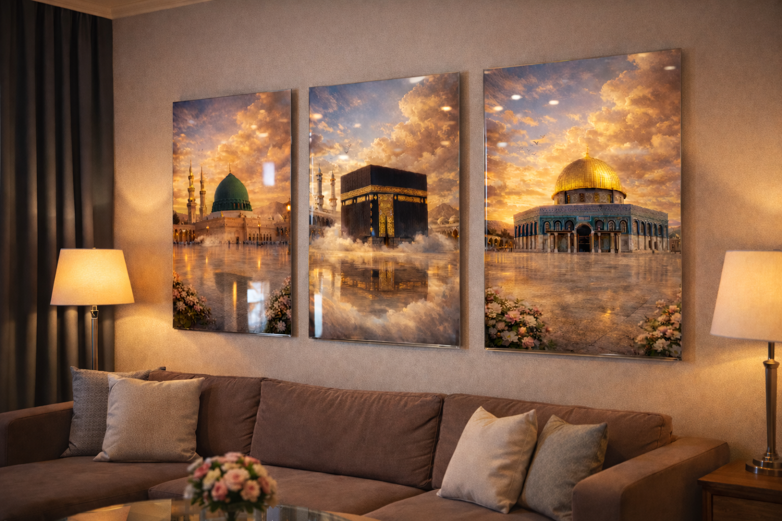 Three large wall art pieces depicting architectural landmarks in a living room setting.