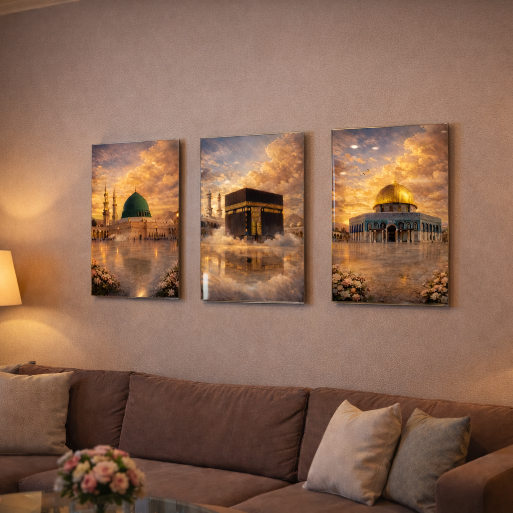 Three wall art pieces of religious sites on a wall above a sofa in a living room.